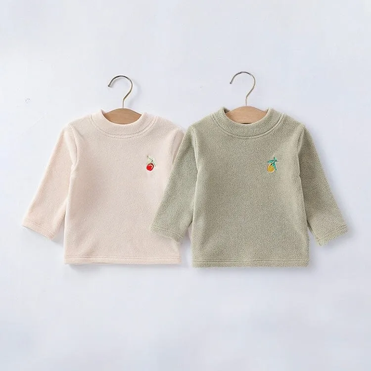 Mini Embroidery Fleece Half Turtleneck Long Sleeve Top