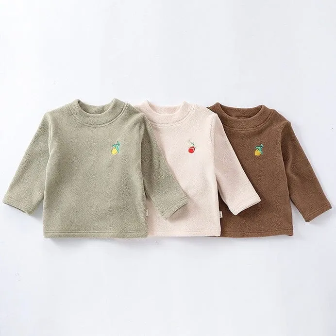Mini Embroidery Fleece Half Turtleneck Long Sleeve Top