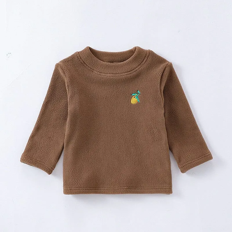 Mini Embroidery Fleece Half Turtleneck Long Sleeve Top