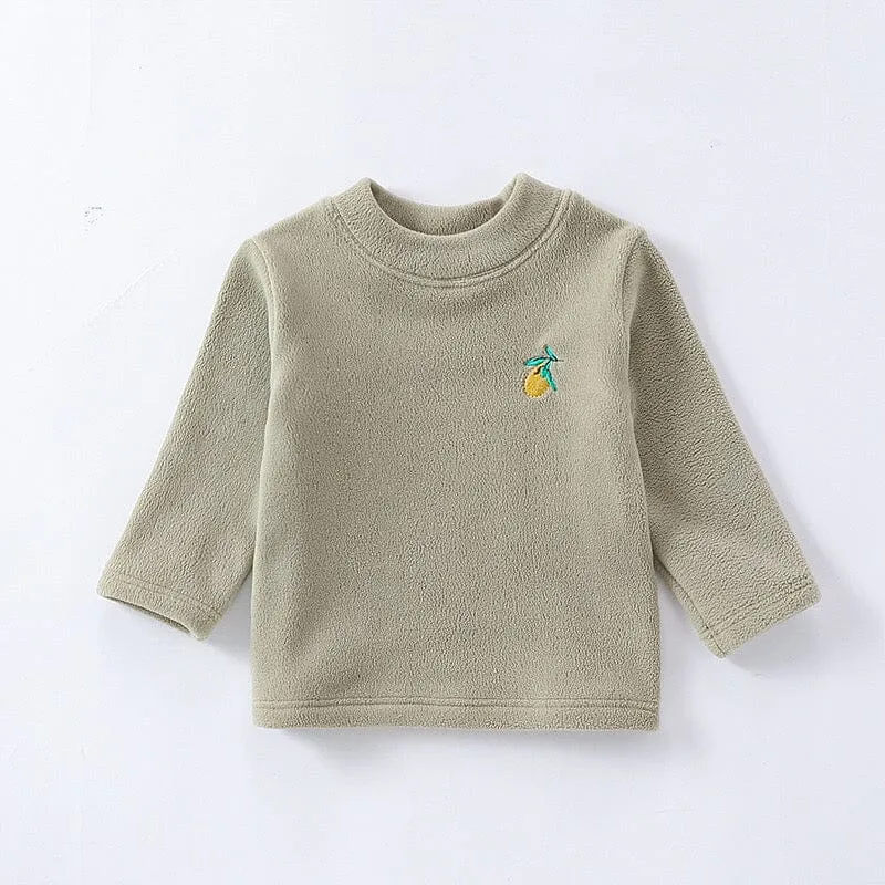 Mini Embroidery Fleece Half Turtleneck Long Sleeve Top