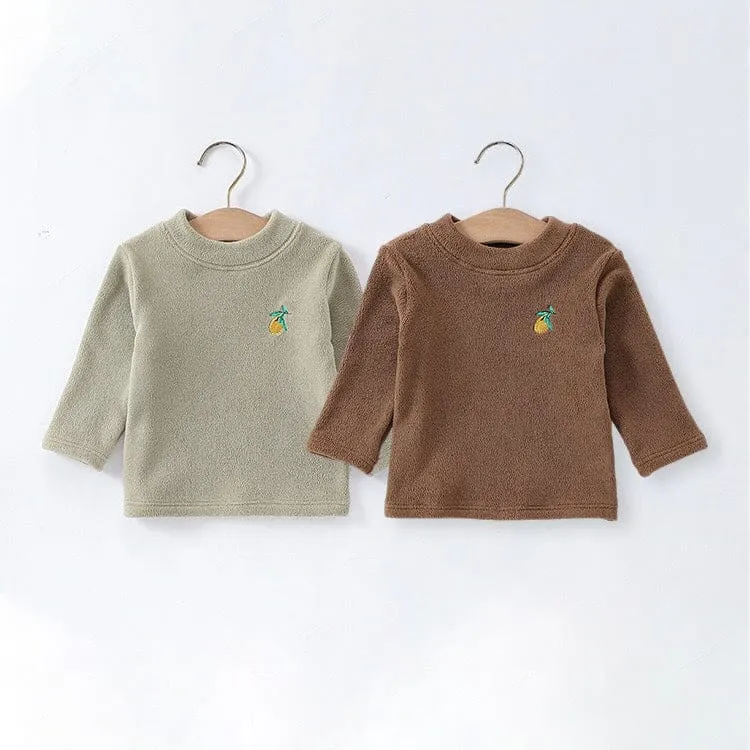Mini Embroidery Fleece Half Turtleneck Long Sleeve Top