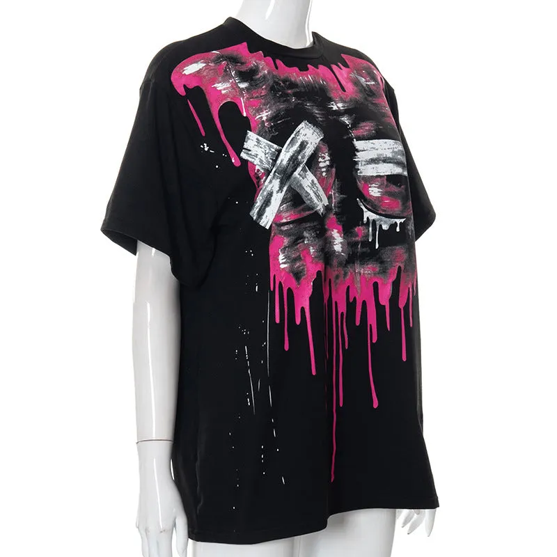 Oversized Short Sleeve O-Neck Goth Casual  Grunge Y2k Tops Pullover Vintage
