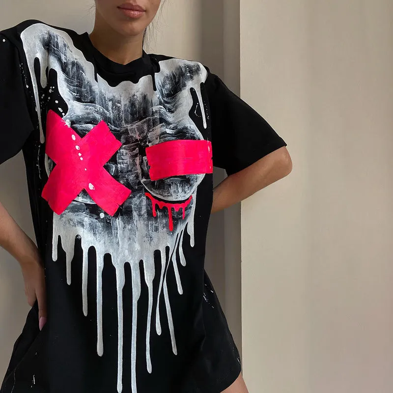 Oversized Short Sleeve O-Neck Goth Casual  Grunge Y2k Tops Pullover Vintage
