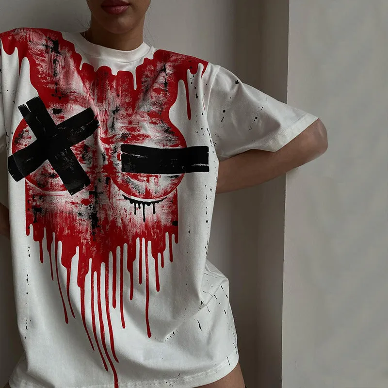 Oversized Short Sleeve O-Neck Goth Casual  Grunge Y2k Tops Pullover Vintage