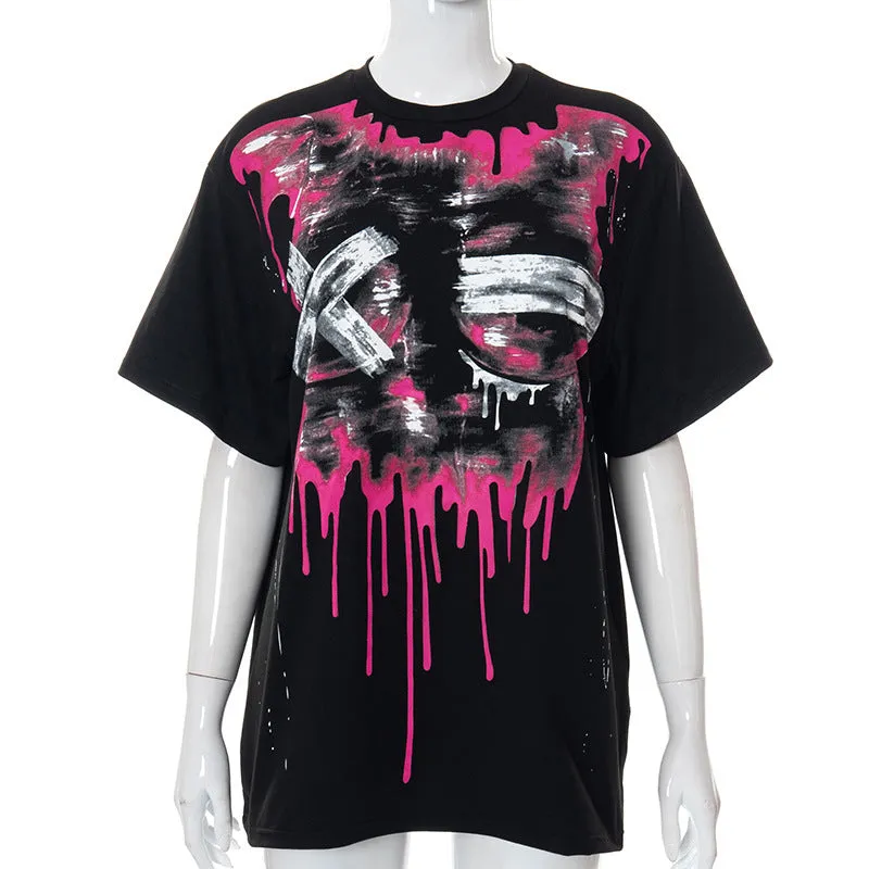 Oversized Short Sleeve O-Neck Goth Casual  Grunge Y2k Tops Pullover Vintage