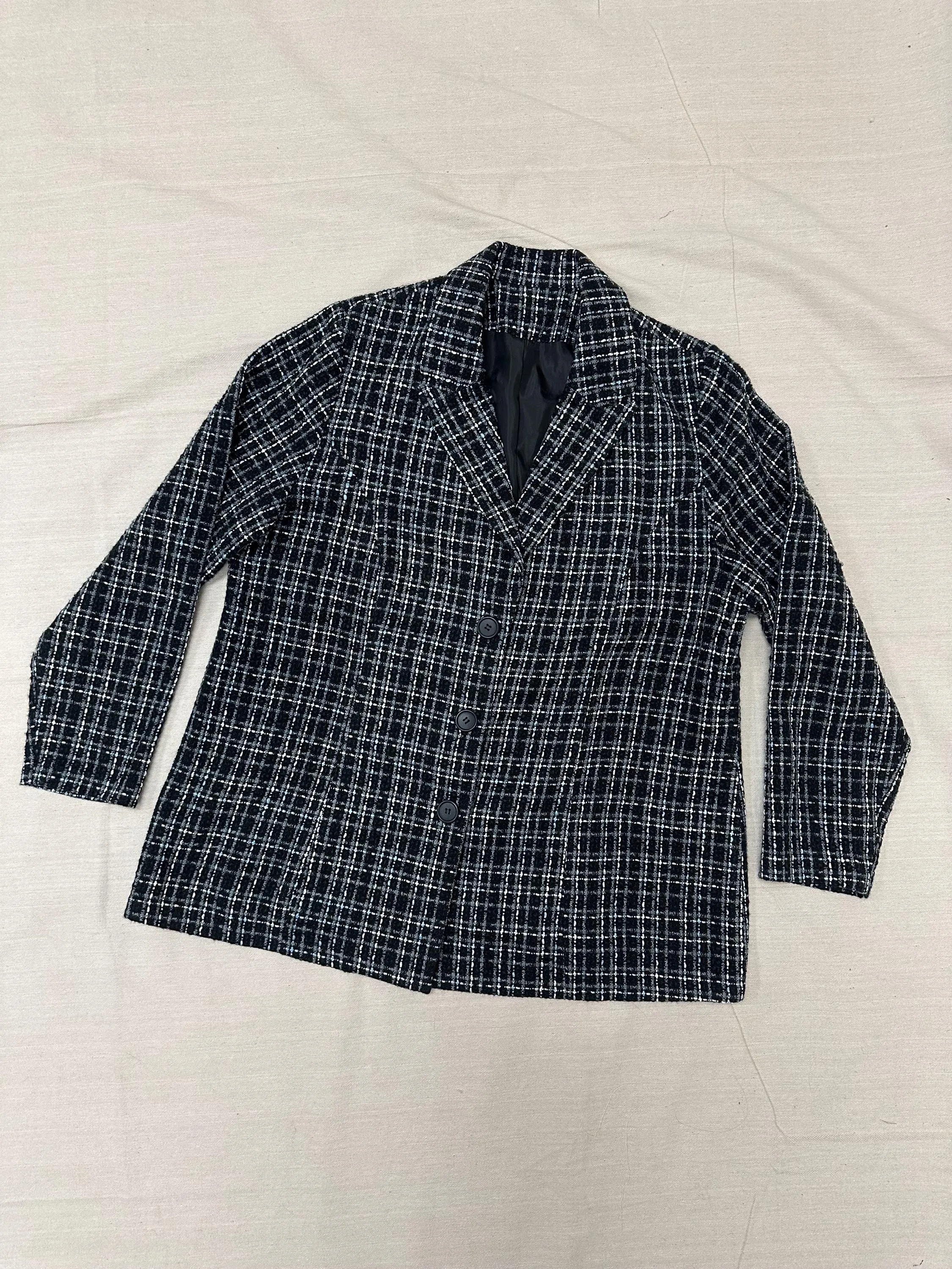Vintage 90s Black Blue Gray Plaid Blazer | Size XL