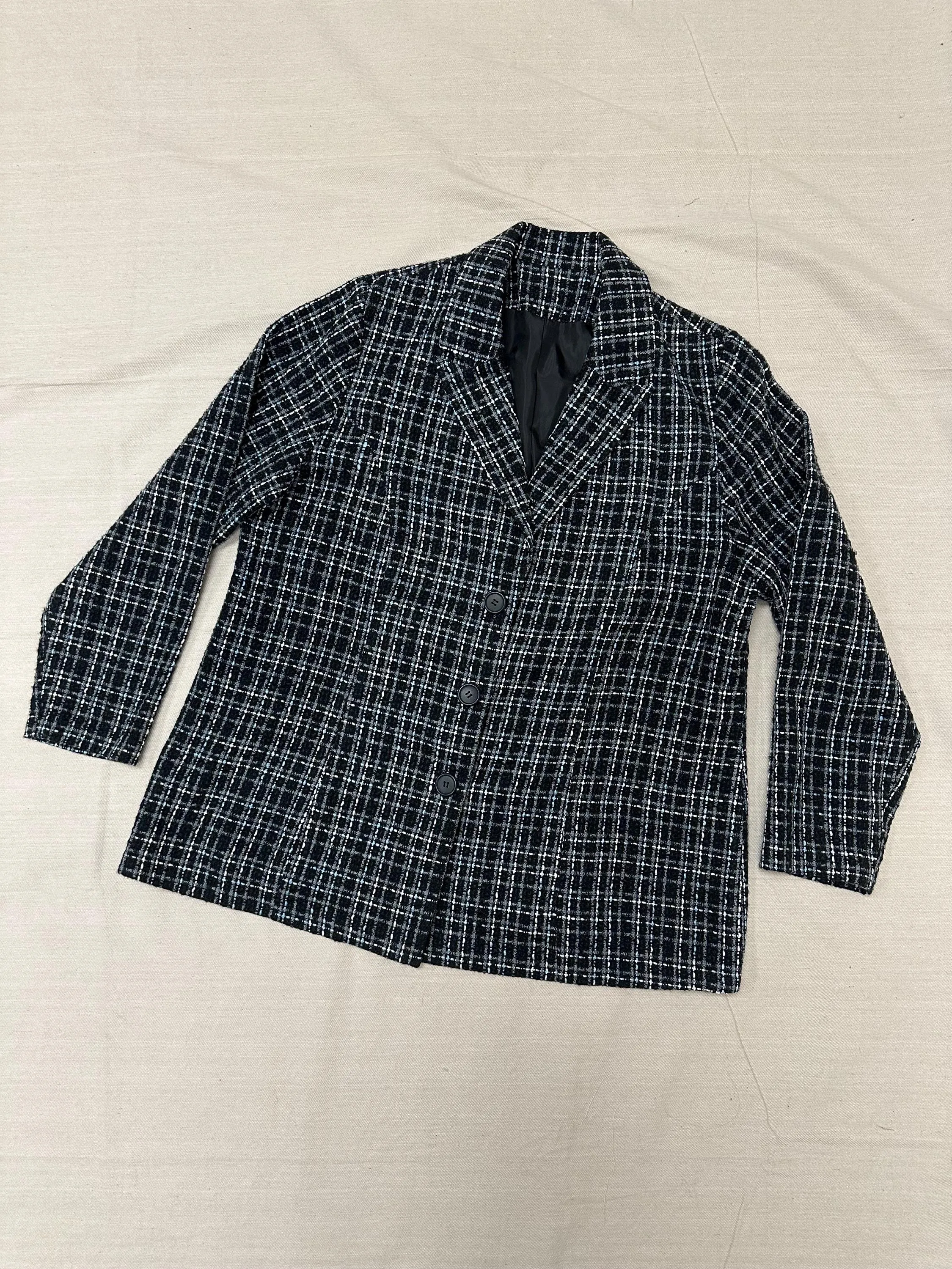 Vintage 90s Black Blue Gray Plaid Blazer | Size XL